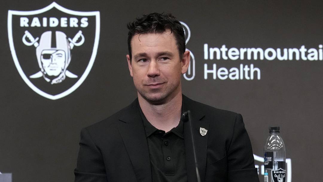 Apr 24, 2026; Henderson, NV, USA; Las Vegas Raiders coach Klint Kubiak at press conference at Intermountain Health Performance Center. Mandatory Credit: Kirby Lee-Imagn Images