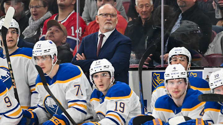 Lindy Ruff at the helm behind the bench in a game earlier this year against the Montreal Canadiens. Featuring Ryan McLeod (71), Peyton Krebs (19) and Bowen Byram (4). 