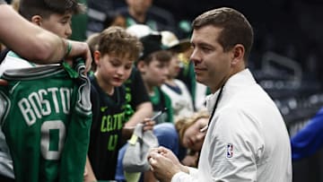 Apr 23, 2025; Boston, Massachusetts, USA; Brad Stevens, president of basketball operations signs autographs before game 2 of first round of the 2024 NBA Playoffs against the Orlando Magic at TD Garden. Mandatory Credit: Winslow Townson-Imagn Images