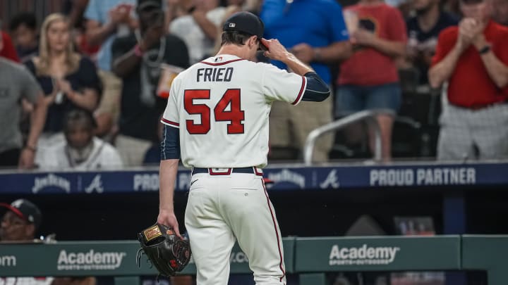 Atlanta Braves starting pitcher Max Fried (54) tips his cap to the home crowd in a previous start. He's opposed by Mets starter Max Scherzer tonight.