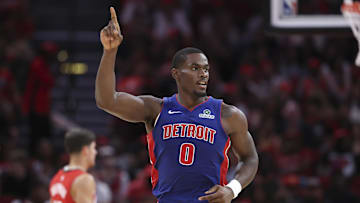 Oct 24, 2025; Houston, Texas, USA; Detroit Pistons center Jalen Duren (0) reacts after making a basket during the second quarter against the Houston Rockets at Toyota Center. Mandatory Credit: Troy Taormina-Imagn Images