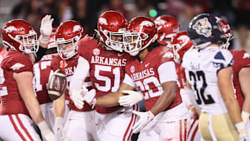 Nov 18, 2023; Fayetteville, Arkansas, USA; Arkansas Razorbacks running back Dominique Johnson (20) celebrates with offensive lineman Devon Manuel (51) after rushing for a touchdown in the second quarter against the FIU Panthers at Donald W. Reynolds Razorback Stadium. Mandatory Credit: Nelson Chenault-Imagn Images