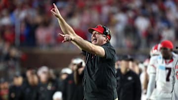 Nov 9, 2024; Oxford, Mississippi, USA; Georgia Bulldogs head coach Kirby Smart gives direction during the second half against the Mississippi Rebels at Vaught-Hemingway Stadium. Mandatory Credit: Petre Thomas-Imagn Images