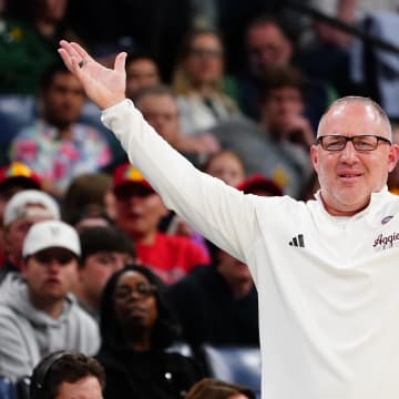 Mar 24, 2024; Memphis, TN, USA; Texas A&M Aggies head coach Buzz Williams reacts in the first half against the Houston Cougars in the second round of the 2024 NCAA Tournament at FedExForum. Mandatory Credit: John David Mercer-USA TODAY Sports