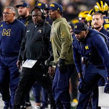 Michigan head coach Sherrone Moore watches a play against Purdue during the second half at Michigan Stadium in Ann Arbor on Saturday, November 1, 2025.