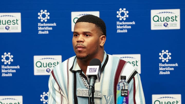 Abdul Carter takes a question during his introductory press conference. Abdul Carter takes a question during his introductory press conference.
