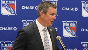 May 8, 2025; Tarrytown, NY, USA;  New York Rangers head coach Mike Sullivan is introduced during a press conference at the MSG Training Center in Tarrytown, New York May 8, 2025. Mandatory Credit: Peter Carr/USA TODAY NETWORK via Imagn Images
