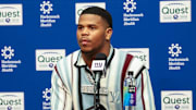 Apr 25, 2025; East Rutherford, NJ, US;  New York Giants first-round draft pick, Abdul Carter, takes questions from the media during his introduction press conference. New York Giants  