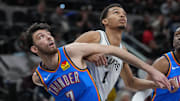Oklahoma City Thunder forward Chet Holmgren (7) and San Antonio Spurs center Victor Wembanyama (1) battle for position in the first half at Frost Bank Center. 