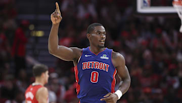 Oct 24, 2025; Houston, Texas, USA; Detroit Pistons center Jalen Duren (0): Troy Taormina-Imagn Images