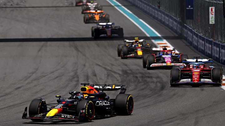 May 4, 2024; Miami Gardens, Florida, USA; Red Bull Racing driver Max Verstappen (1) lead the field into turn one during the F1 Sprint Race at Miami International Autodrome. Mandatory Credit: Peter Casey-USA TODAY Sports