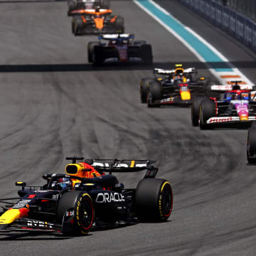 May 4, 2024; Miami Gardens, Florida, USA; Red Bull Racing driver Max Verstappen (1) lead the field into turn one during the F1 Sprint Race at Miami International Autodrome. Mandatory Credit: Peter Casey-USA TODAY Sports