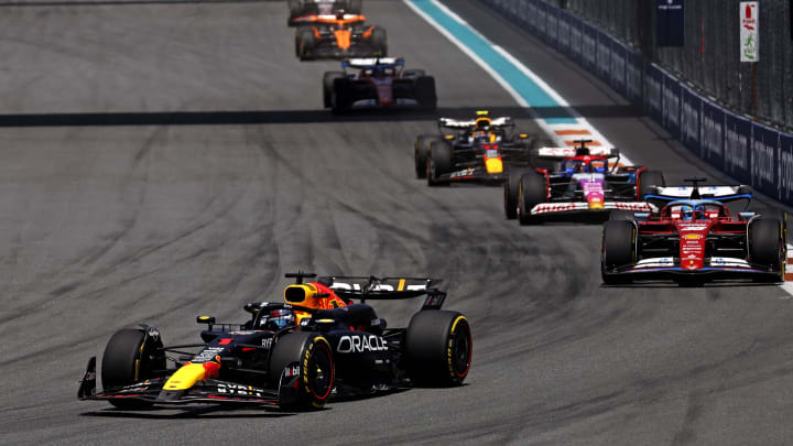 May 4, 2024; Miami Gardens, Florida, USA; Red Bull Racing driver Max Verstappen (1) lead the field into turn one during the F1 Sprint Race at Miami International Autodrome. Mandatory Credit: Peter Casey-USA TODAY Sports