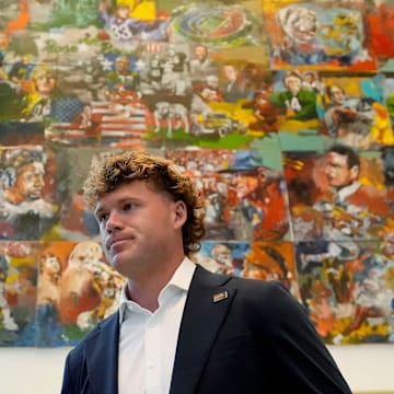 Mississippi State quarterback Blake Shapen enters the College Football Hall of Fame during SEC Media Days in Atlanta.