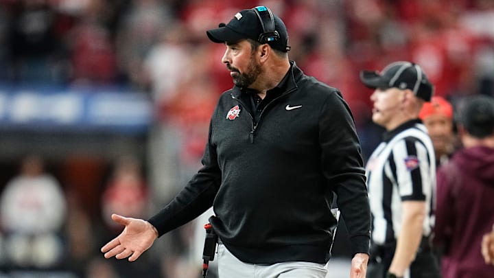 Ohio State Buckeyes head coach Ryan Day reacts during the Big Ten Conference championship game against the Indiana Hoosiers at Lucas Oil Stadium in Indianapolis on Dec. 6, 2025. Ohio State lost 13-10.