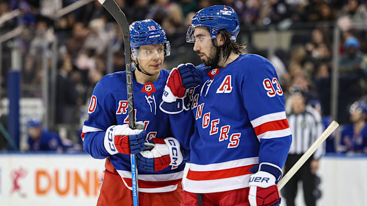 Feb 2, 2025; New York, New York, USA; New York Rangers center Mika Zibanejad (93) talks with left wing Artemi Panarin (10) during the second period against the Vegas Golden Knights at Madison Square Garden. Mandatory Credit: Danny Wild-Imagn Images