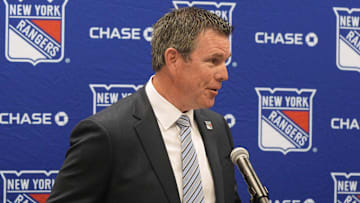 New York Rangers head coach Mike Sullivan is introduced during a press conference at the MSG Training Center.