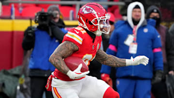 Jan 18, 2025; Kansas City, Missouri, USA; Kansas City Chiefs wide receiver Nikko Remigio (81) returns a kick against the Houston Texans during the second quarter of a 2025 AFC divisional round game at GEHA Field at Arrowhead Stadium. Mandatory Credit: Denny Medley-Imagn Images