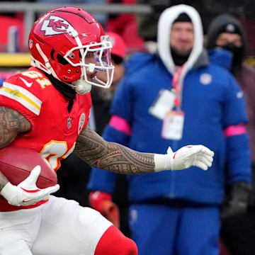 Jan 18, 2025; Kansas City, Missouri, USA; Kansas City Chiefs wide receiver Nikko Remigio (81) returns a kick against the Houston Texans during the second quarter of a 2025 AFC divisional round game at GEHA Field at Arrowhead Stadium. Mandatory Credit: Denny Medley-Imagn Images