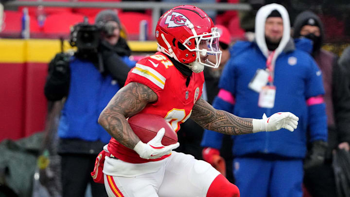 Jan 18, 2025; Kansas City, Missouri, USA; Kansas City Chiefs wide receiver Nikko Remigio (81) returns a kick against the Houston Texans during the second quarter of a 2025 AFC divisional round game at GEHA Field at Arrowhead Stadium. Mandatory Credit: Denny Medley-Imagn Images