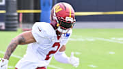 Aug 6, 2025; Foxborough, MA, USA; Washington Commanders cornerback Marshon Lattimore (2) runs a route at training camp at Gillette Stadium. Mandatory Credit: Eric Canha-Imagn Images