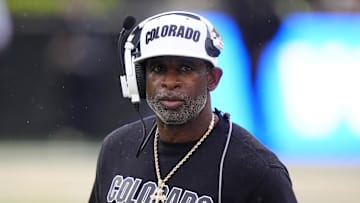 Oct 11, 2025; Boulder, Colorado, USA; Colorado Buffaloes head coach Deion Sanders during the first quarter against the Iowa State Cyclones at Folsom Field. Mandatory Credit: Ron Chenoy-Imagn Images