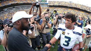 Sep 15, 2019; Pittsburgh, PA, USA;  Pittsburgh Steelers head coach Mike Tomlin (left) and Seattle Seahawks quarterback Russell Wilson shake hands. 