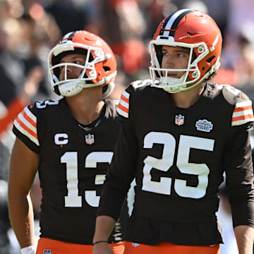 Sep 7, 2025; Cleveland, Ohio, USA; Cleveland Browns place kicker Andre Szmyt (25) and holder Corey Bojorquez (13) react after missing a field goal against the Cincinnati Bengals during the fourth quarter at Huntington Bank Field. Mandatory Credit: Ken Blaze-Imagn Images