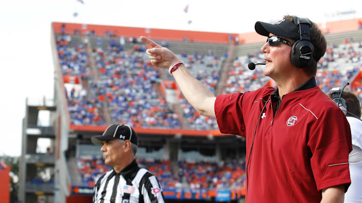 Nov 15, 2014; Gainesville, FL, USA; South Carolina Gamecocks  co-offensive coordinator Steve Spurrier Jr. during the second half against the Florida Gators at Ben Hill Griffin Stadium. South Carolina Gamecocks defeated the Florida Gators 23-20 in overtime. Mandatory Credit: Kim Klement-Imagn Images
