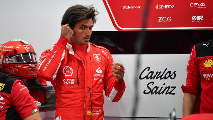 Nov 17, 2023; Las Vegas, Nevada, USA; Scuderia Ferrari driver Carlos Sainz Jr. of Spain (55) before free practice at Las Vegas Strip Circuit. Mandatory Credit: Gary A. Vasquez-USA TODAY Sports