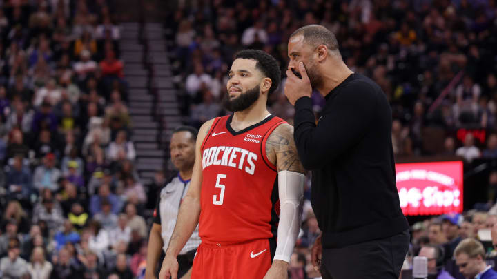 Mar 29, 2024; Salt Lake City, Utah, USA;  Houston Rockets guard Fred VanVleet (5) and Houston Rockets head coach Ime Udoka talk during the second half against the Utah Jazz at Delta Center. Mandatory Credit: Chris Nicoll-USA TODAY Sports