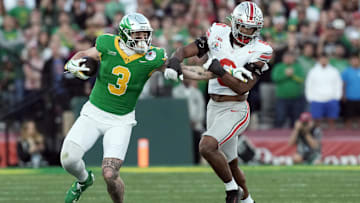 Jan 1, 2025; Pasadena, CA, USA; Oregon Ducks tight end Terrance Ferguson (3) runs against Ohio State Buckeyes safety Sonny Styles (6) in the third quarter in the 2025 Rose Bowl college football quarterfinal game at Rose Bowl Stadium. 