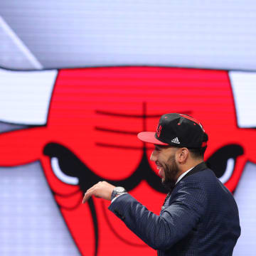 Jun 23, 2016; New York, NY, USA; Denzel Valentine (Michigan State) walks to the stage after being selected as the number fourteen overall pick to the Chicago Bulls in the first round of the 2016 NBA Draft at Barclays Center. Mandatory Credit: Brad Penner-USA TODAY Sports