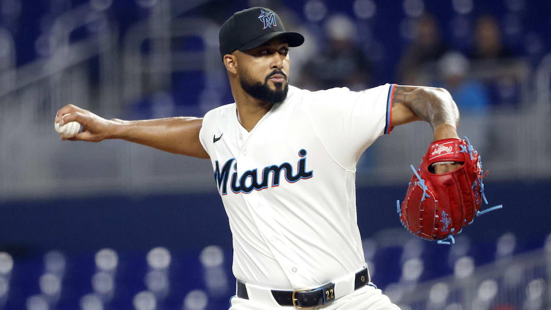 Apr 7, 2026; Miami, Florida, USA;  Miami Marlins starting pitcher Sandy Alcantara (22) pitches against the Cincinnati Reds in the first inning at loanDepot Park. Mandatory Credit: Rhona Wise-Imagn Images