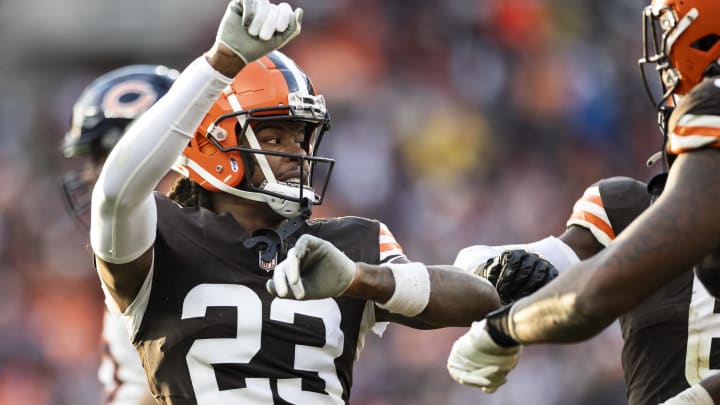 Dec 17, 2023; Cleveland, Ohio, USA; Cleveland Browns cornerback Martin Emerson Jr. (23) celebrates a stop by the defense against the Chicago Bears during the fourth quarter at Cleveland Browns Stadium. Mandatory Credit: Scott Galvin-USA TODAY Sports