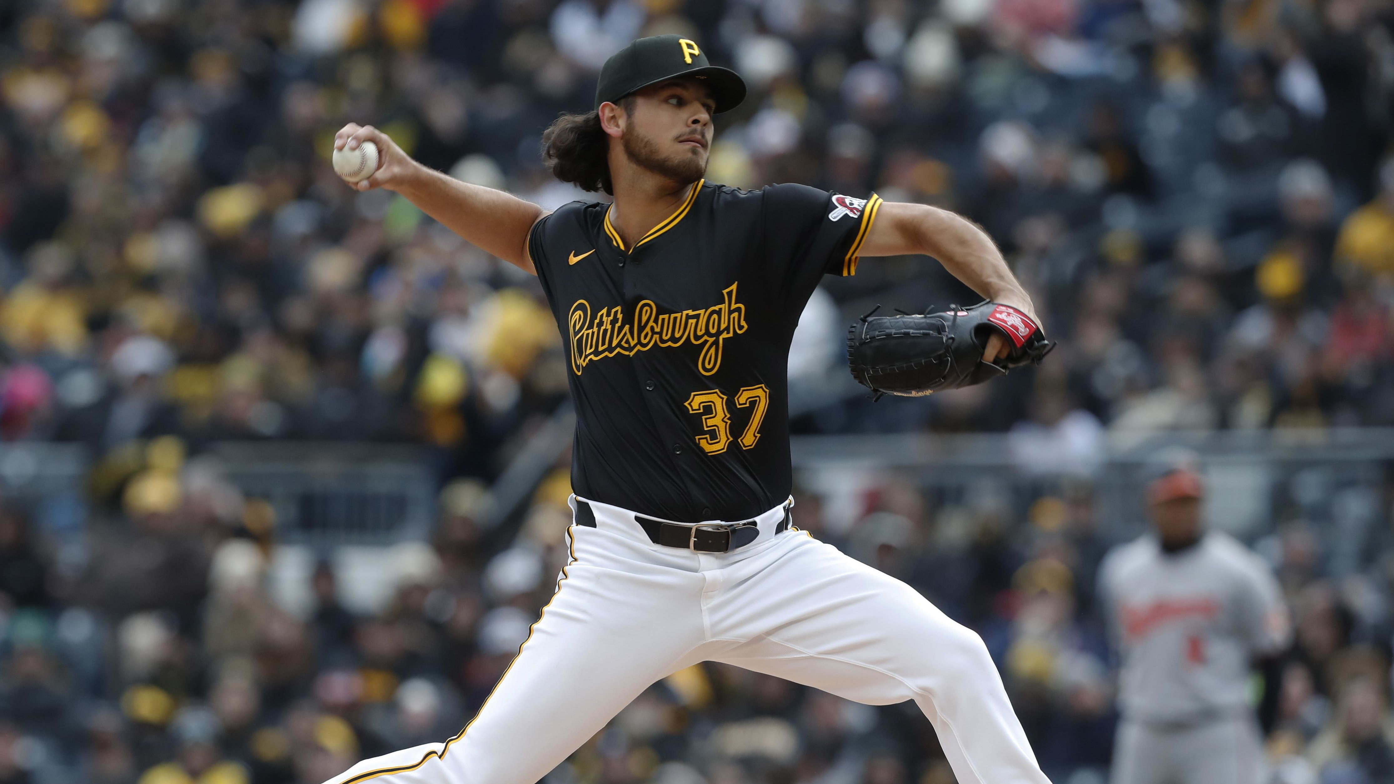 Apr 5, 2024; Pittsburgh, Pennsylvania, USA;  Pittsburgh Pirates starter Jared Jones (37) pitches from the mound.