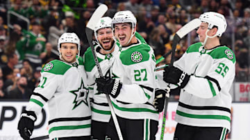 Oct 24, 2024; Boston, Massachusetts, USA;  Dallas Stars center Tyler Seguin (91) reacts with center Logan Stankoven (11) left wing Mason Marchment (27) and defenseman Thomas Harley (55) after scoring a goal during the second period against the Boston Bruins at TD Garden. Mandatory Credit: Bob DeChiara-Imagn Images