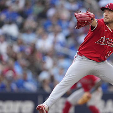 Jul 5, 2025; Toronto, Ontario, CAN; Los Angeles Angels pitcher Reid Detmers (48) pitches to the Toronto Blue Jays during the eighth inning at Rogers Centre. Mandatory Credit: John E. Sokolowski-Imagn Images
