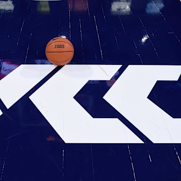 Dec 18, 2019; Spokane, WA, USA; A basketball sit atop of the new WCC logo before a Gonzaga Bulldogs men   s basketball game against the North Carolina Tar Heels at McCarthey Athletic Center. Mandatory Credit: James Snook-Imagn Images