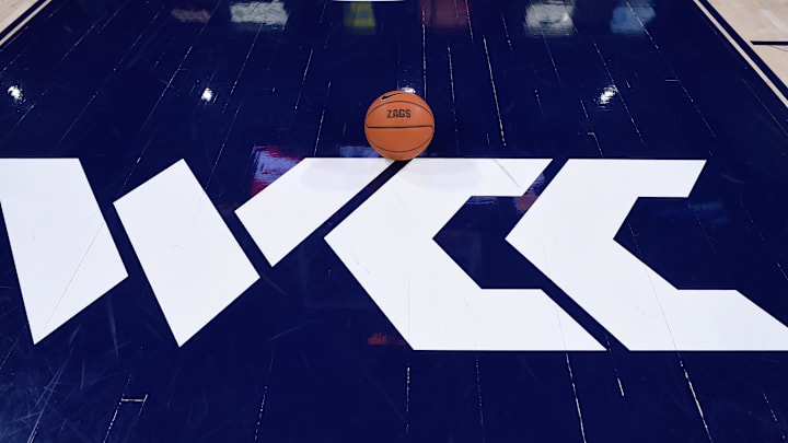 Dec 18, 2019; Spokane, WA, USA; A basketball sit atop of the new WCC logo before a Gonzaga Bulldogs men   s basketball game against the North Carolina Tar Heels at McCarthey Athletic Center. Mandatory Credit: James Snook-Imagn Images