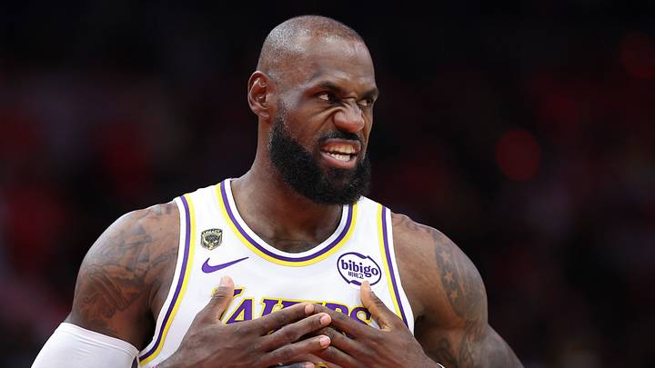 Apr 26, 2026; Houston, Texas, USA; Los Angeles Lakers forward LeBron James (23) walks on the court before the start of the game against the Houston Rockets in game four of the first round of the 2026 NBA Playoffs at Toyota Center. 