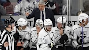 Jan 22, 2023; Chicago, Illinois, USA; Los Angeles Kings head coach Todd McLellan gestures to the referee after a penalty call during the third period at United Center. Mandatory Credit: David Banks-Imagn Images