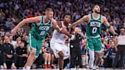 May 10, 2025; New York, New York, USA; Boston Celtics center Kristaps Porzingis (8), and forward Jayson Tatum (0) and New York Knicks forward OG Anunoby (8) during game three of the second round for the 2025 NBA Playoffs at Madison Square Garden. Mandatory Credit: Wendell Cruz-Imagn Images