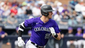 Mar 5, 2025; Peoria, Arizona, USA; Colorado Rockies outfielder Nolan Jones against the San Diego Padres during a spring training game at Peoria Sports Complex. Mandatory Credit: Mark J. Rebilas-Imagn Images
