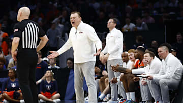 Mar 28, 2024; Boston, MA, USA; Illinois Fighting Illini head coach Brad Underwood reacts against the Iowa State Cyclones in the semifinals of the East Regional of the 2024 NCAA Tournament at TD Garden. Mandatory Credit: Winslow Townson-Imagn Images