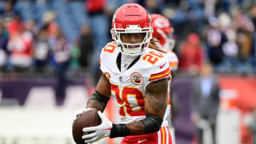 Dec 17, 2023; Foxborough, Massachusetts, USA; Kansas City Chiefs safety Justin Reid (20) warms up before a game against the New England Patriots at Gillette Stadium.