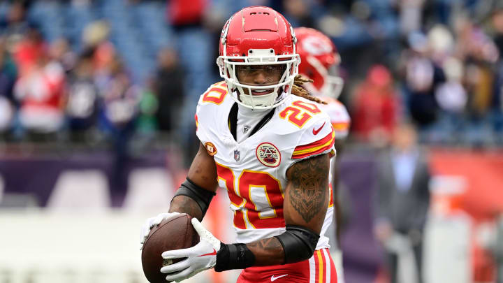 Dec 17, 2023; Foxborough, Massachusetts, USA; Kansas City Chiefs safety Justin Reid (20) warms up before a game against the New England Patriots at Gillette Stadium.