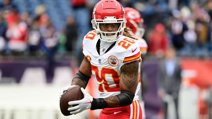 Dec 17, 2023; Foxborough, Massachusetts, USA; Kansas City Chiefs safety Justin Reid (20) warms up before a game against the New England Patriots at Gillette Stadium. Mandatory Credit: Eric Canha-USA TODAY Sports