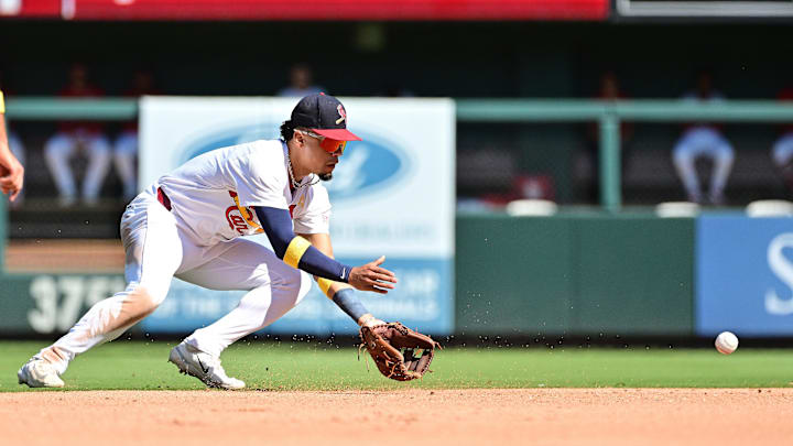 Sep 7, 2025; St. Louis, Missouri, USA; St. Louis Cardinals shortstop Masyn Winn (0) fields a grounder hit up the middle for the out on San Francisco Giants batter Drew Gilbert (not shown) in the seventh inning at Busch Stadium. Mandatory Credit: Tim Vizer-Imagn Images