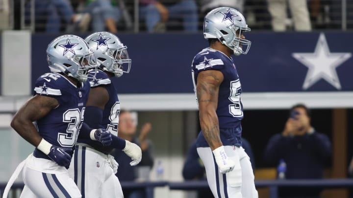 Oct 29, 2023; Arlington, Texas, USA;  Dallas Cowboys defensive end Sam Williams (54) reacts after blocking a punt for a safety in the second quarter against the Los Angeles Rams at AT&T Stadium. 